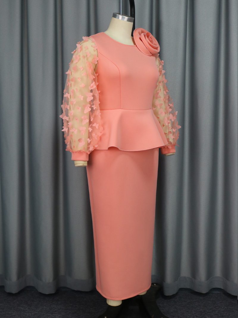 Pink High Waist Cocktail Dress with Sheer Sleeves - Image 2
