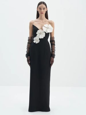 Spring Summer Black Floral Off-Shoulder Tube Dress
