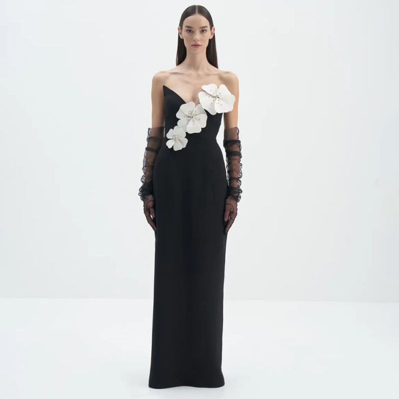 Spring Summer Black Floral Off-Shoulder Tube Dress