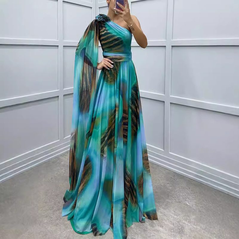 Women’s Autumn Winter Chiffon Printed Shoulder Dress