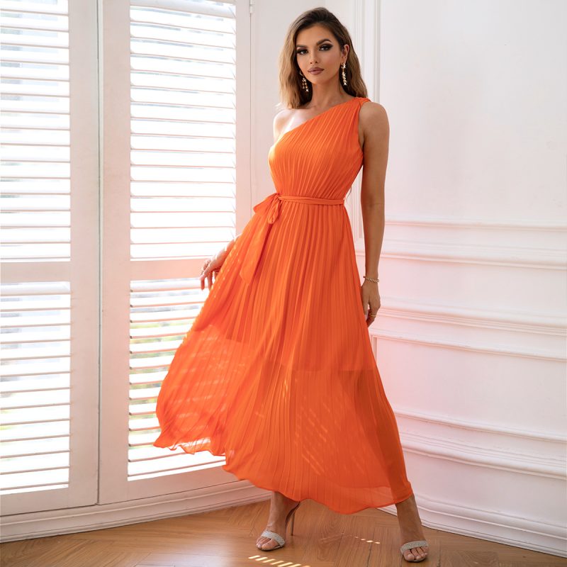 Elegant One Shoulder Chiffon Pleated Waist Dress - Image 4