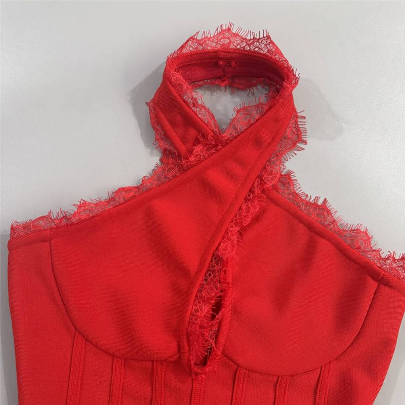 Halter Backless Red Floral Lace Mini Dress - Image 4