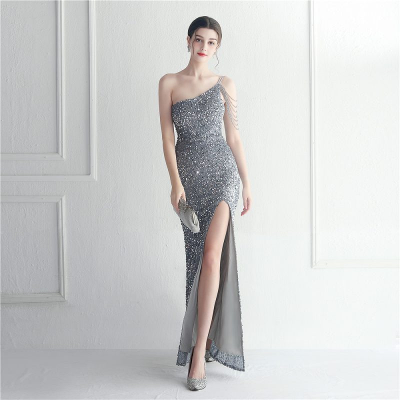 Women’s Beaded One-Shoulder Split Evening Dress