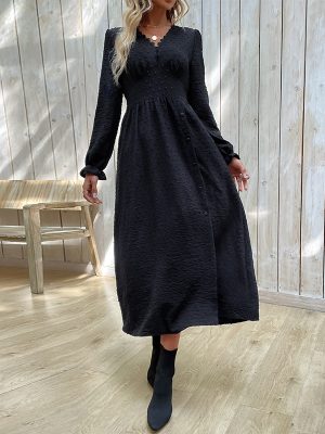 Fall Long Sleeve Black Split Women’s Dress