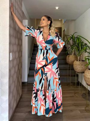 Elegant V Neck Ruffled Split Long Dress