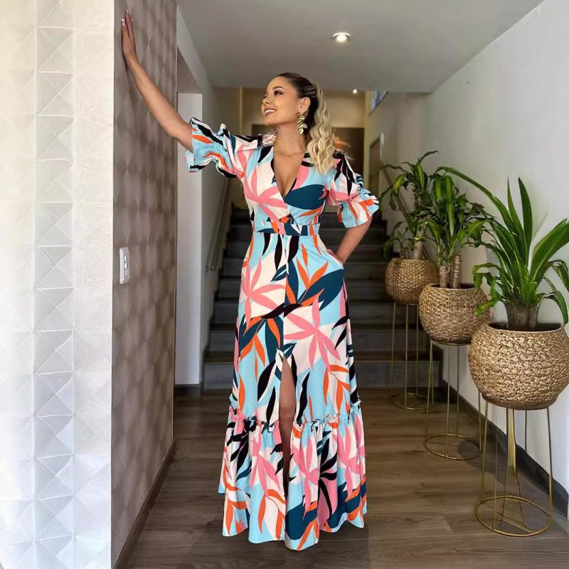 Elegant V Neck Ruffled Split Long Dress