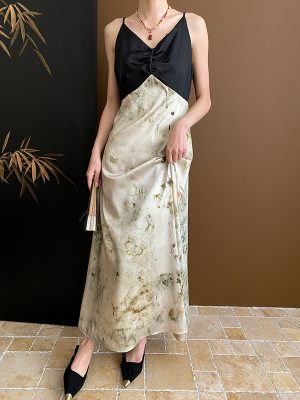 Chinese Ink Print Ruffle V-Neck Sling Dress