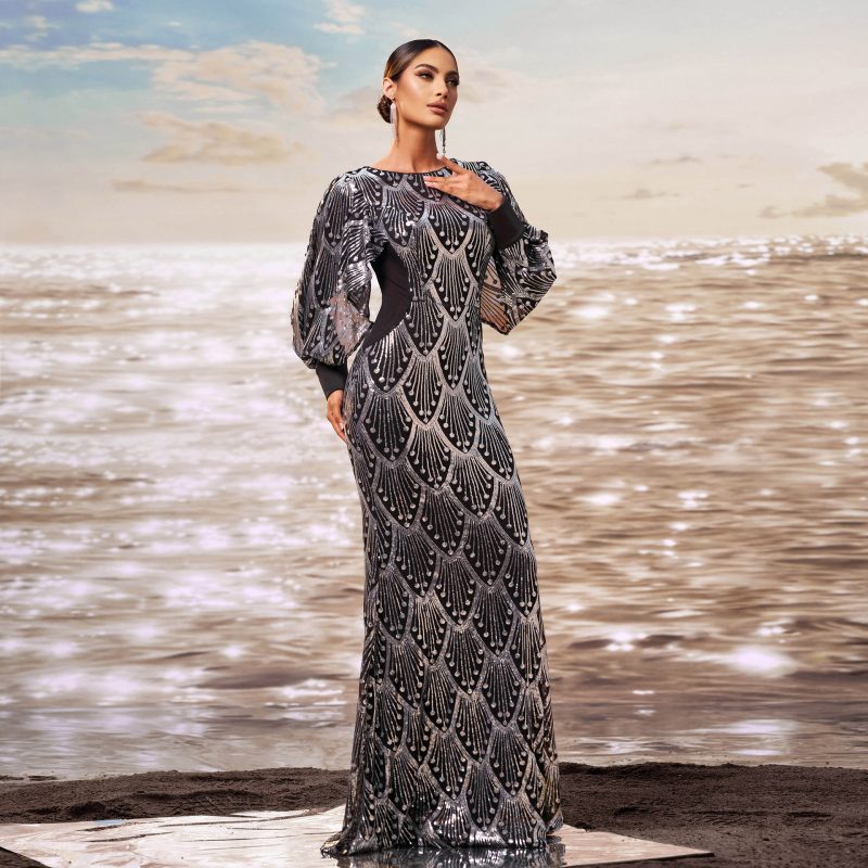 Sequined Fishtail Sheath Evening Dress with Long Sleeves - Image 2