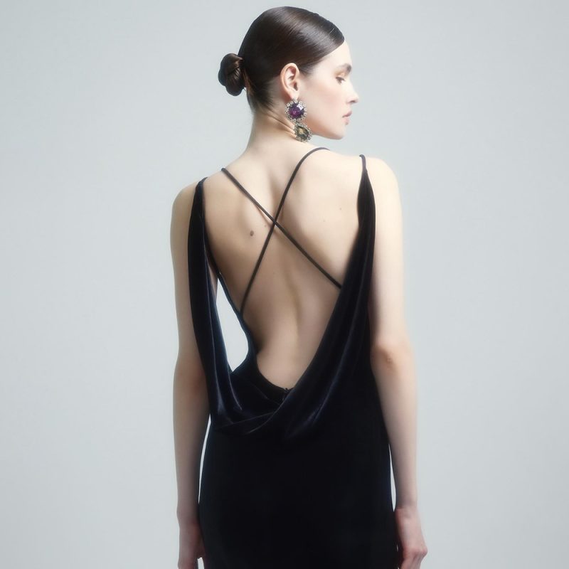 Black Backless Camisole Maxi Dress with Golden Floral - Image 3