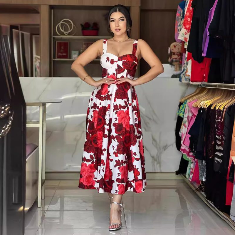 Elegant Women’s Red Rose Printed Sling Maxi - Image 2