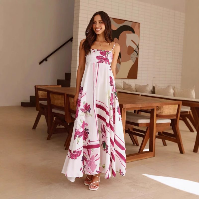Printed Spaghetti Strap High Waist Women Dress