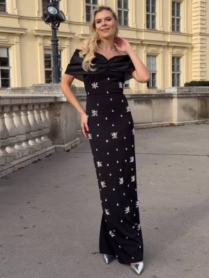 Autumn Bow Rhinestone Off Shoulder Evening Dress