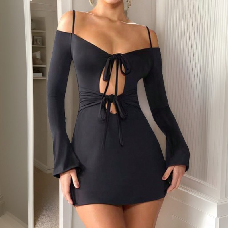 Autumn Winter Off-Neck Strap High-Waist Dress - Image 3