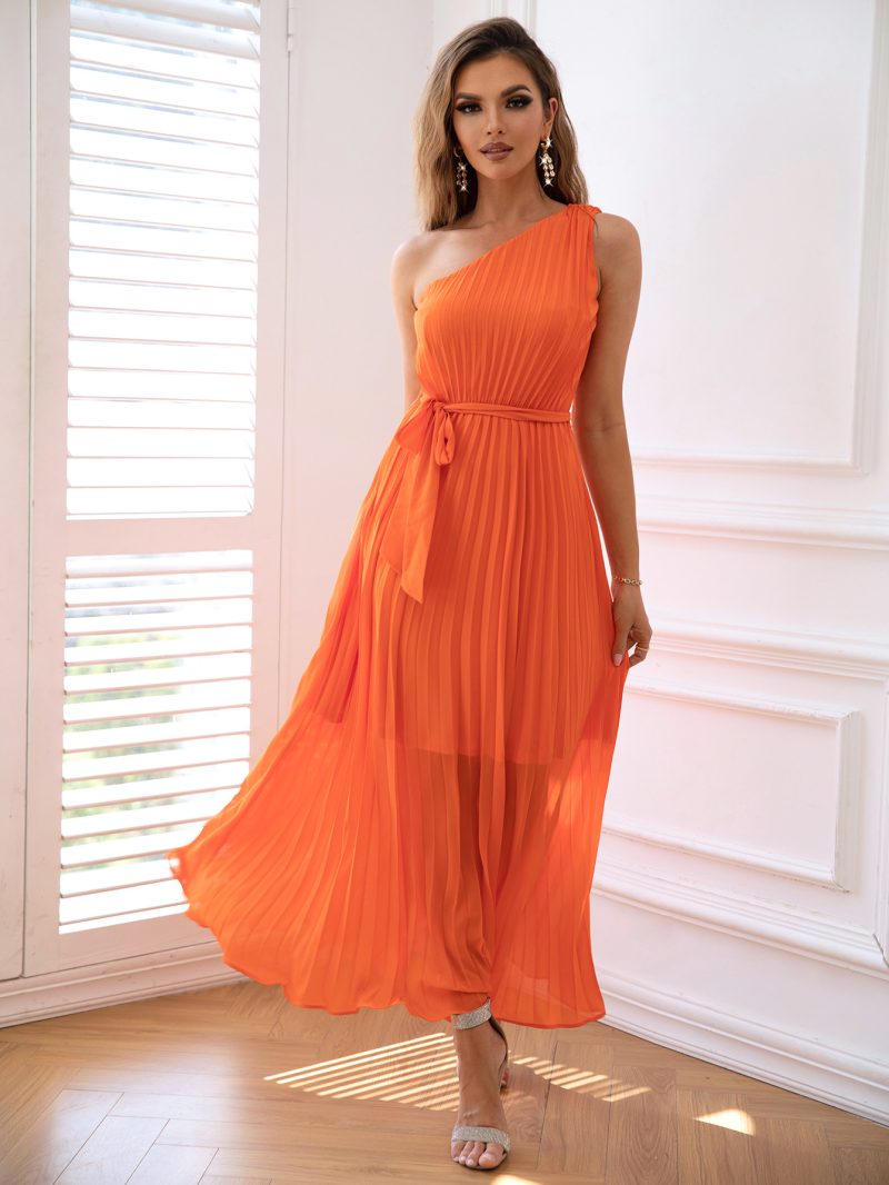 Elegant One Shoulder Chiffon Pleated Waist Dress - Image 2