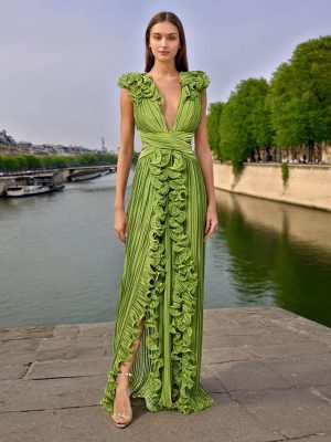 French Summer V-Neck Pleated Ruffled A-Line Dress