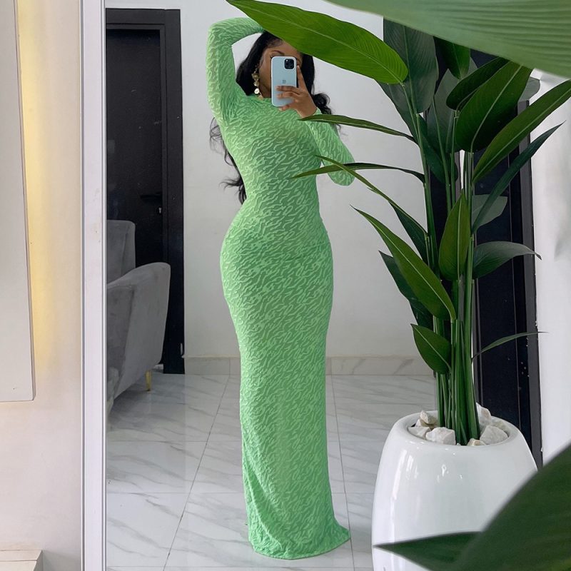 Autumn Winter Round Neck Long Sleeve Slim Dress - Image 3