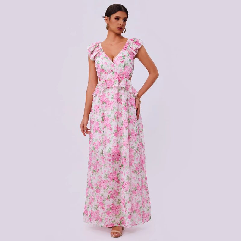 Summer Elegant Women’s Floral Print Hem Long Dress