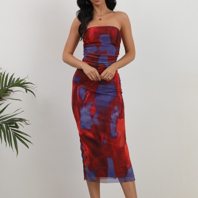 Spring Summer Mesh Printed Double Layer Slit Dress - Image 3