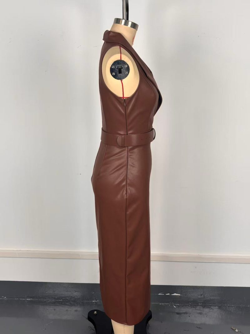Elegant Asymmetric Faux Leather Belted Dress - Image 4