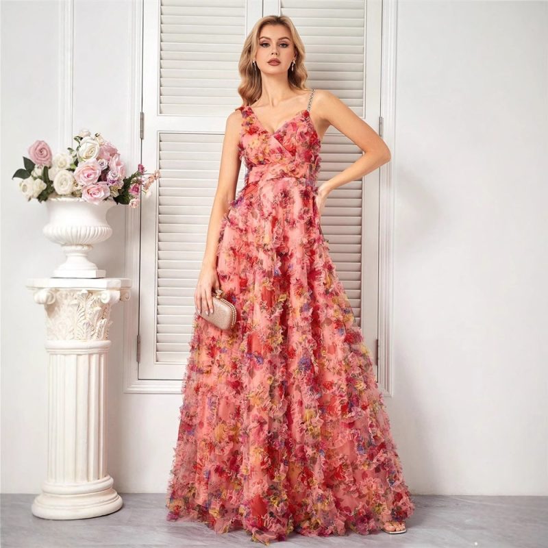 Elegant V-Neck Floral Strap Prom Evening Dress