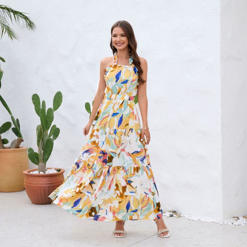 Elegant Ruffled Halter Sleeveless Backless Printed Dress - Image 3