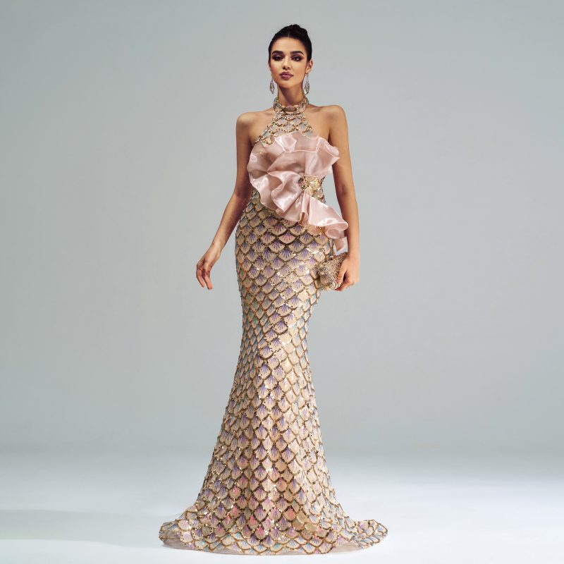 Off-Shoulder Sequined Fishtail Sheath Slim Evening Dress - Image 4