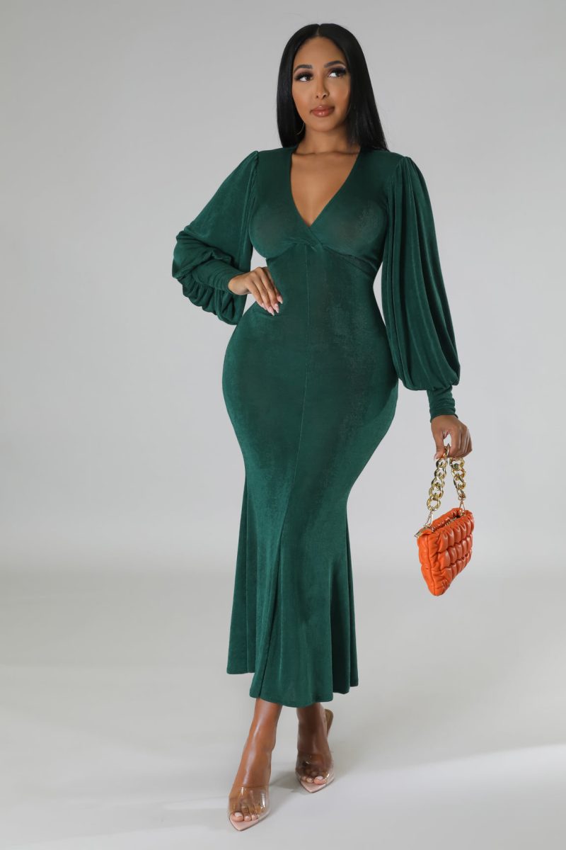 Women’s Long Sleeve Slim Waist V Neck Dress - Image 2