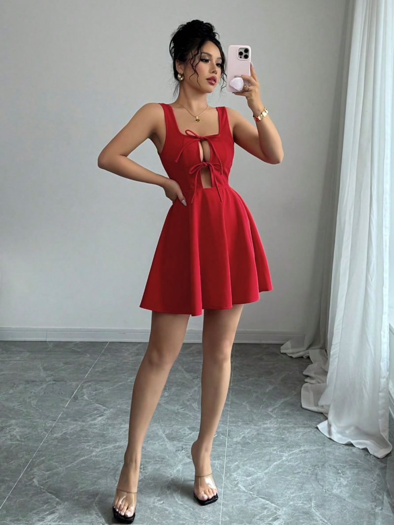 Summer Square Collar Red A-Line Slip Dress - Image 4