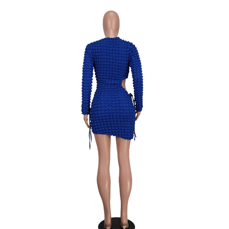 Elastic Drawstring Bubble Grid Women’s Cutout Dress - Image 4