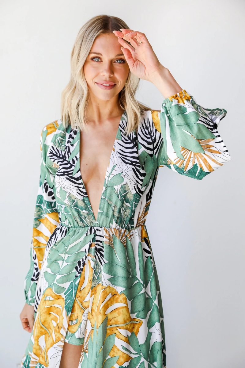 Long Sleeve V-Neck Boho Print Beach Dress - Image 4