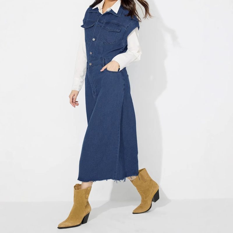 Polo Collar Single Breasted Denim Shirt Dress - Image 3