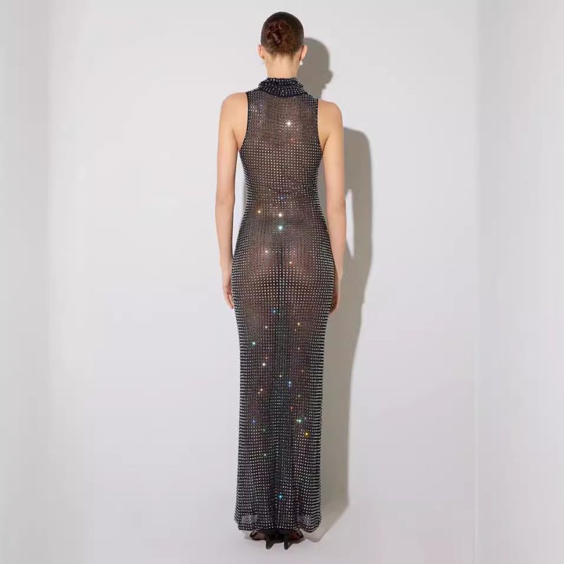 Sheer Mesh Rhinestone Cutout Sleeveless Maxi Dress - Image 4