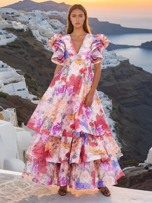 Summer V Neck Printed Multi Layer Maxi Dress