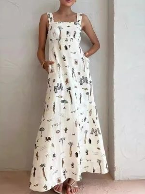Summer Printed Bow Bandage Suspender Maxi Dress