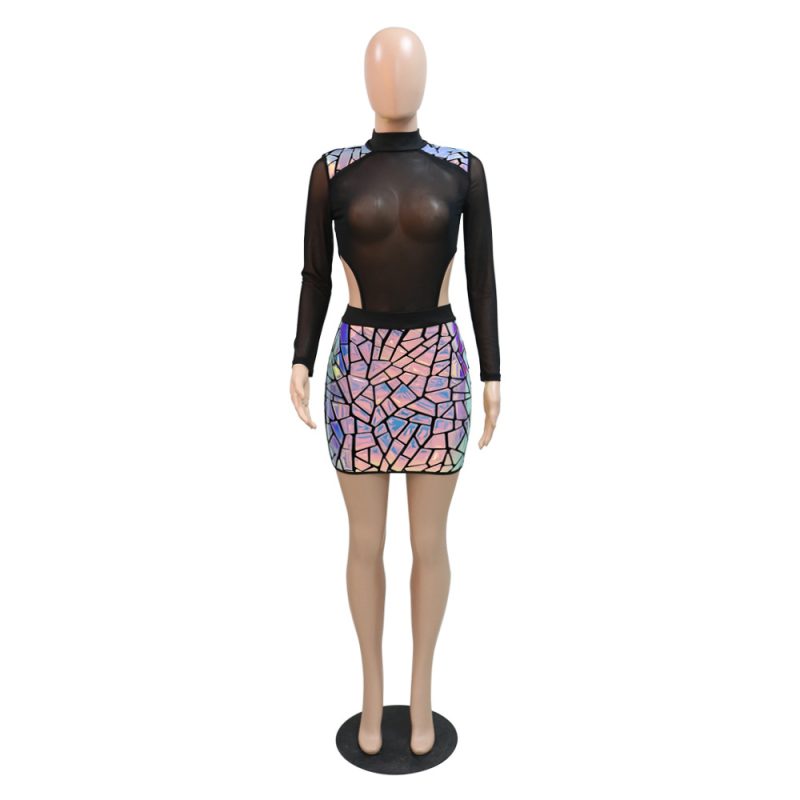 Cutout See-Through Sequin Short Long-Sleeve Dress - Image 3