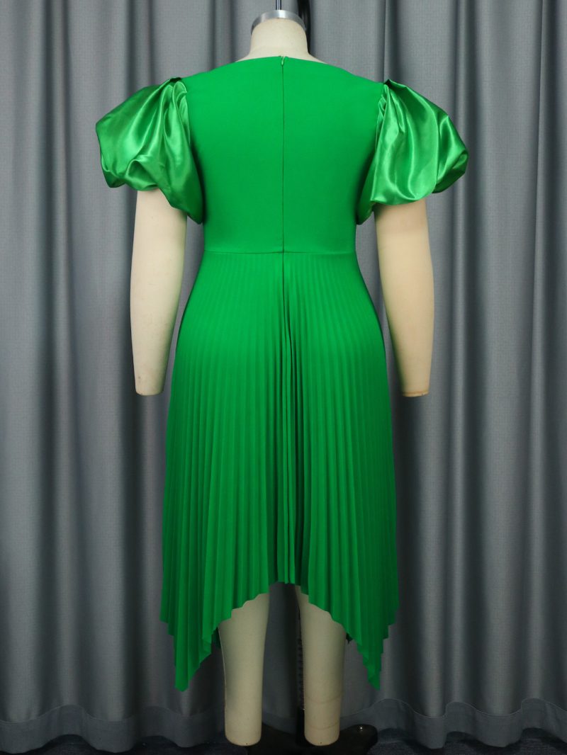 Christmas Elegant Puff Sleeve Asymmetric Pleated Dress - Image 2