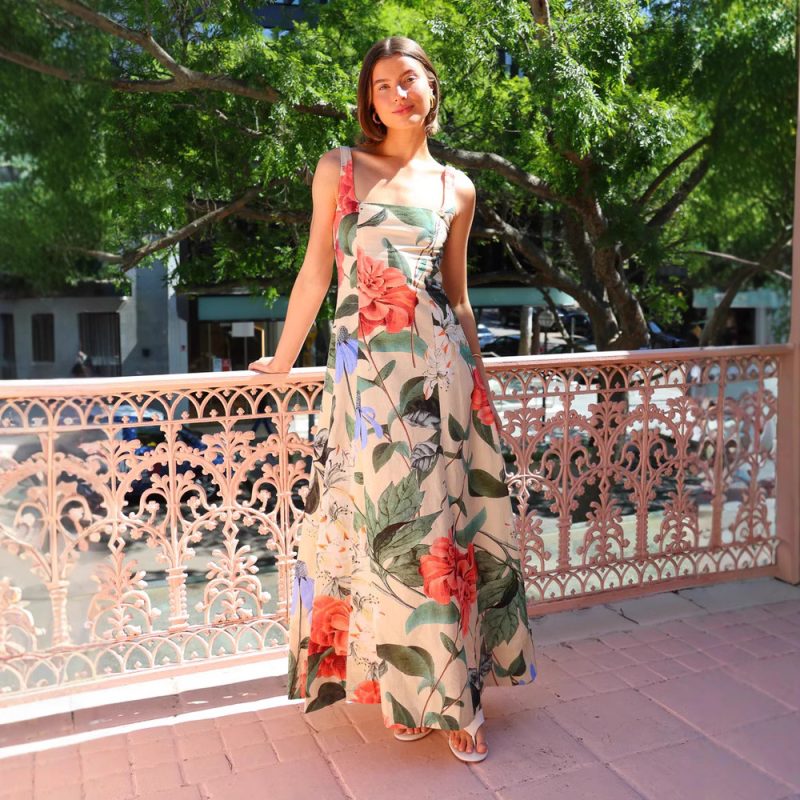 Spring Summer Printed Square Collar Women Dress