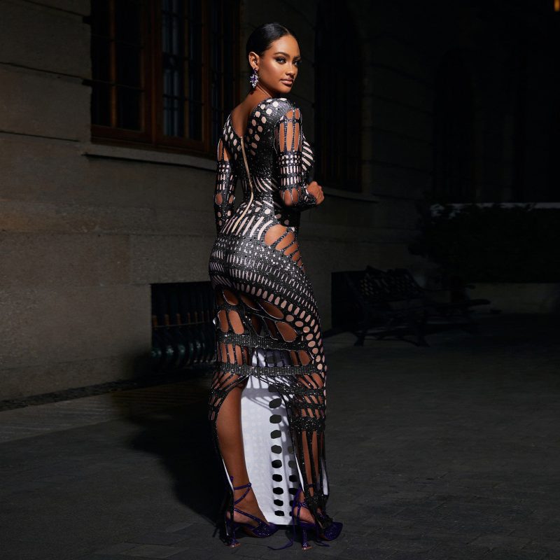 Ripped Skinny Sheath Rhinestone Printed Dress - Image 3