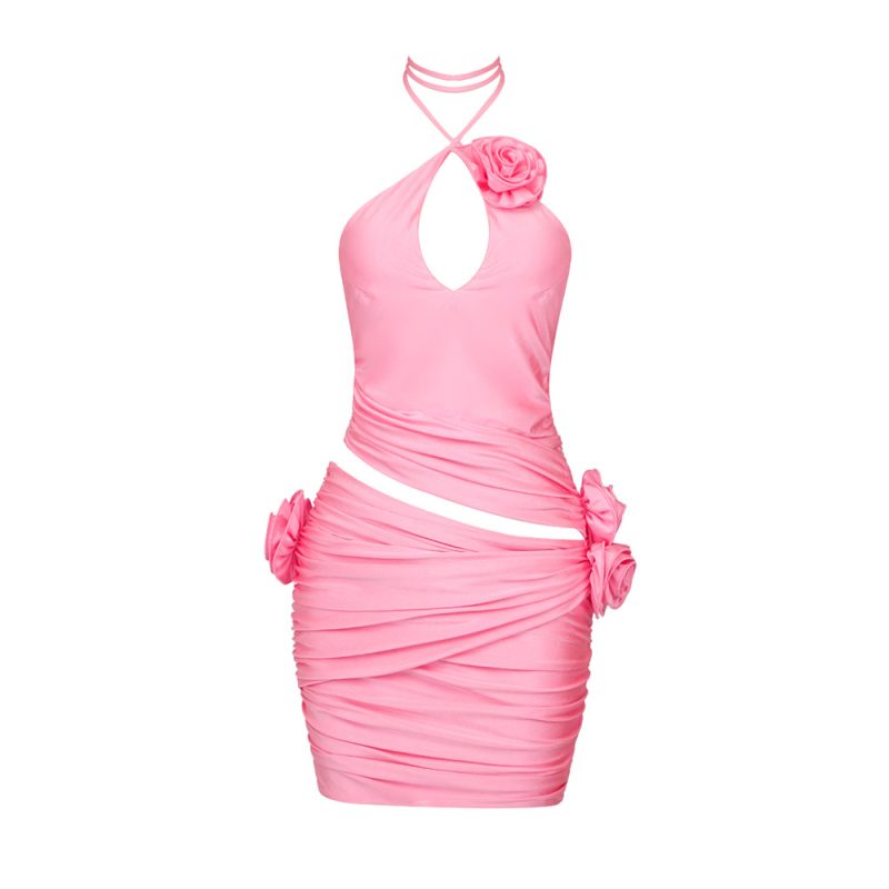 Fall Pink 3D Floral Halterneck Cutout Dress - Image 4