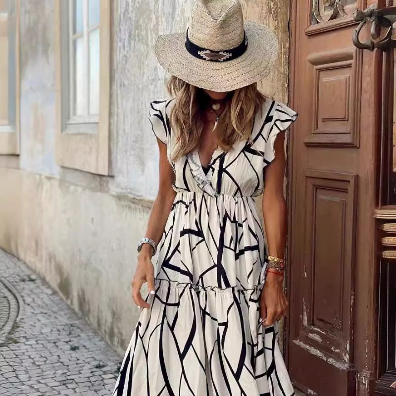 Spring Summer Geometric Print V-Neck Women Dress - Image 2