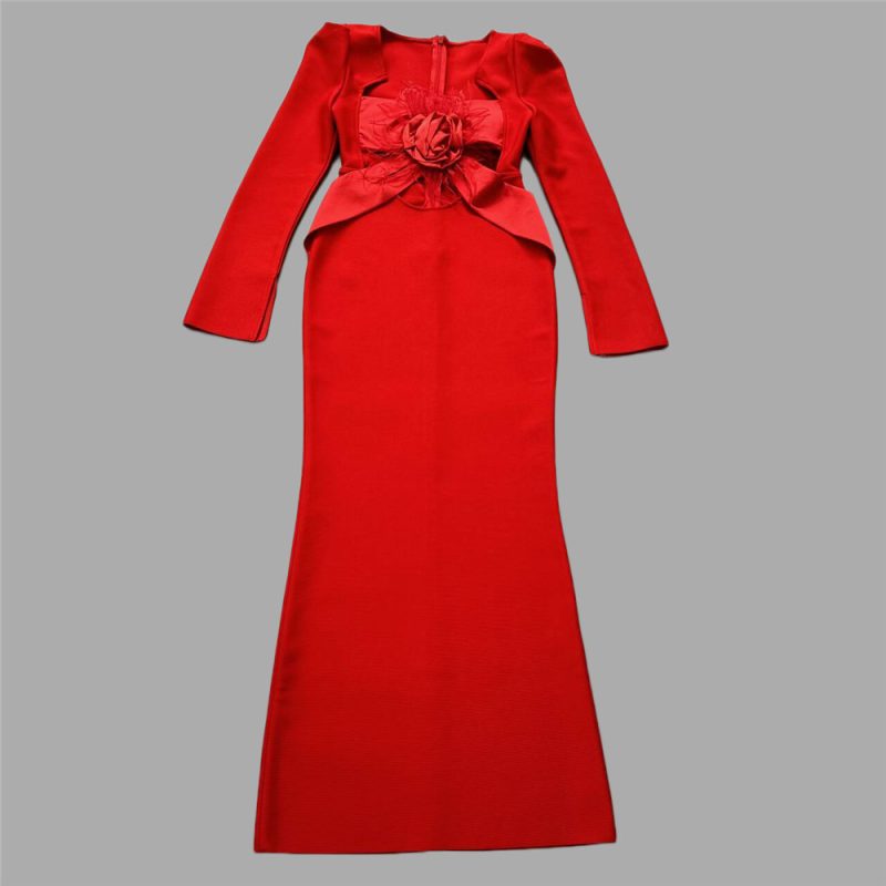 Cutout Feather Long Sleeve Bandage Formal Dress - Image 2
