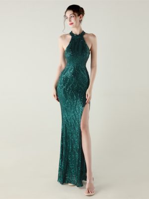 Sequin Beaded Mesh Floral Fishtail Evening Dress