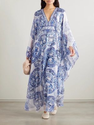 Summer Blue White Porcelain Print V-Neck Dress