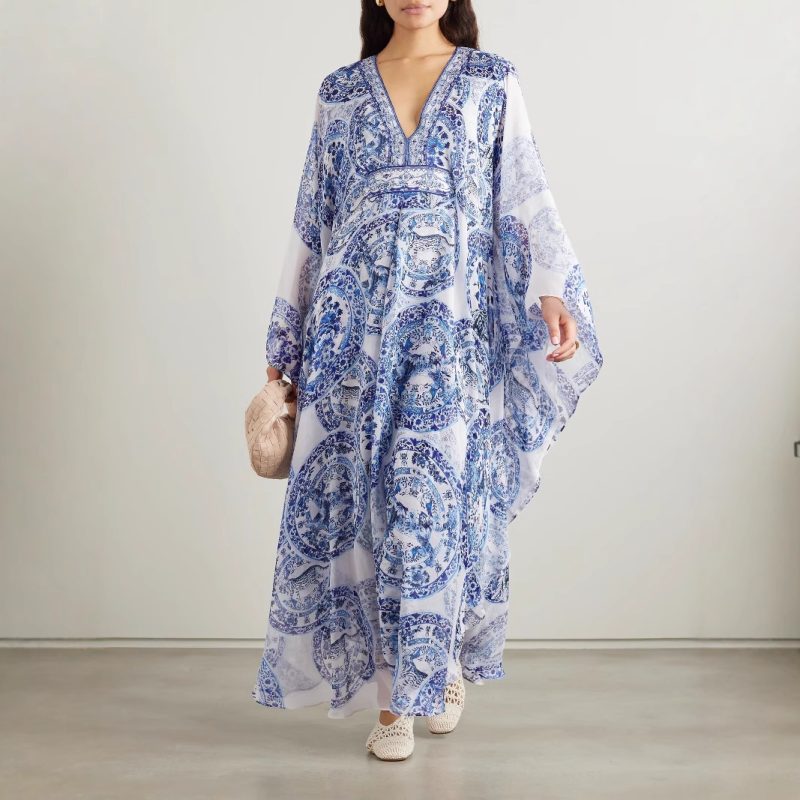 Summer Blue White Porcelain Print V-Neck Dress