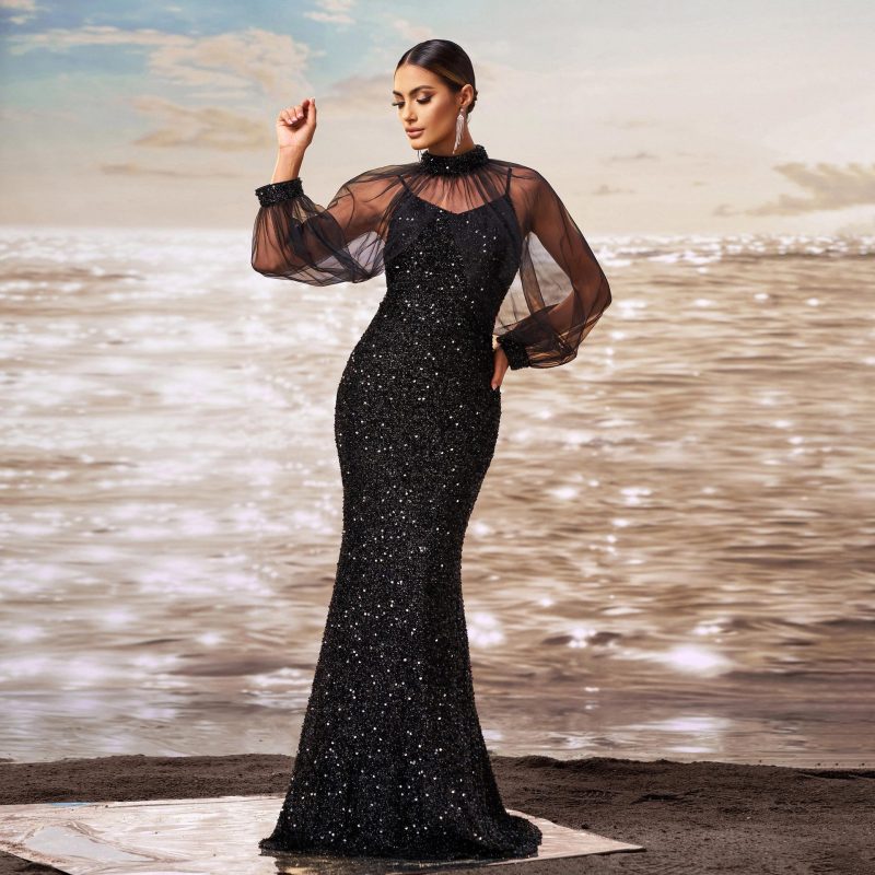 High-End Sequined Fishtail Long Sleeve Evening Dress - Image 4