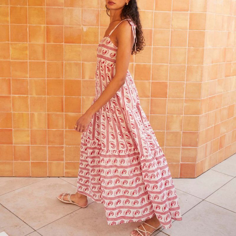 Vacation Printed Contrast Color Lace-Up Sling Dress - Image 3
