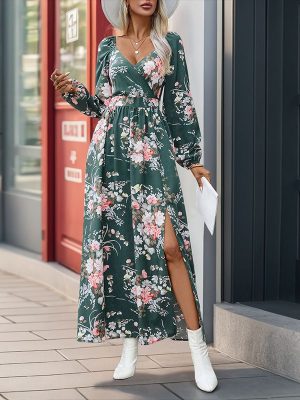 Fall V Neck Long Sleeve Printed Women Dress