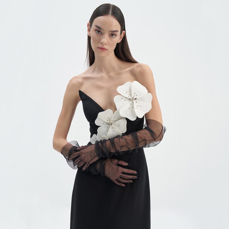 Spring Summer Black Floral Off-Shoulder Tube Dress - Image 3