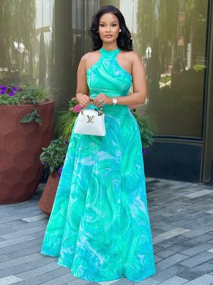 Elegant Sleeveless Pleated Maxi Dress with Printed Design