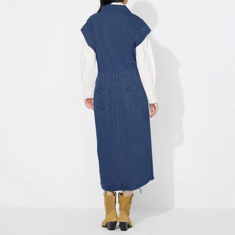 Polo Collar Single Breasted Denim Shirt Dress - Image 4